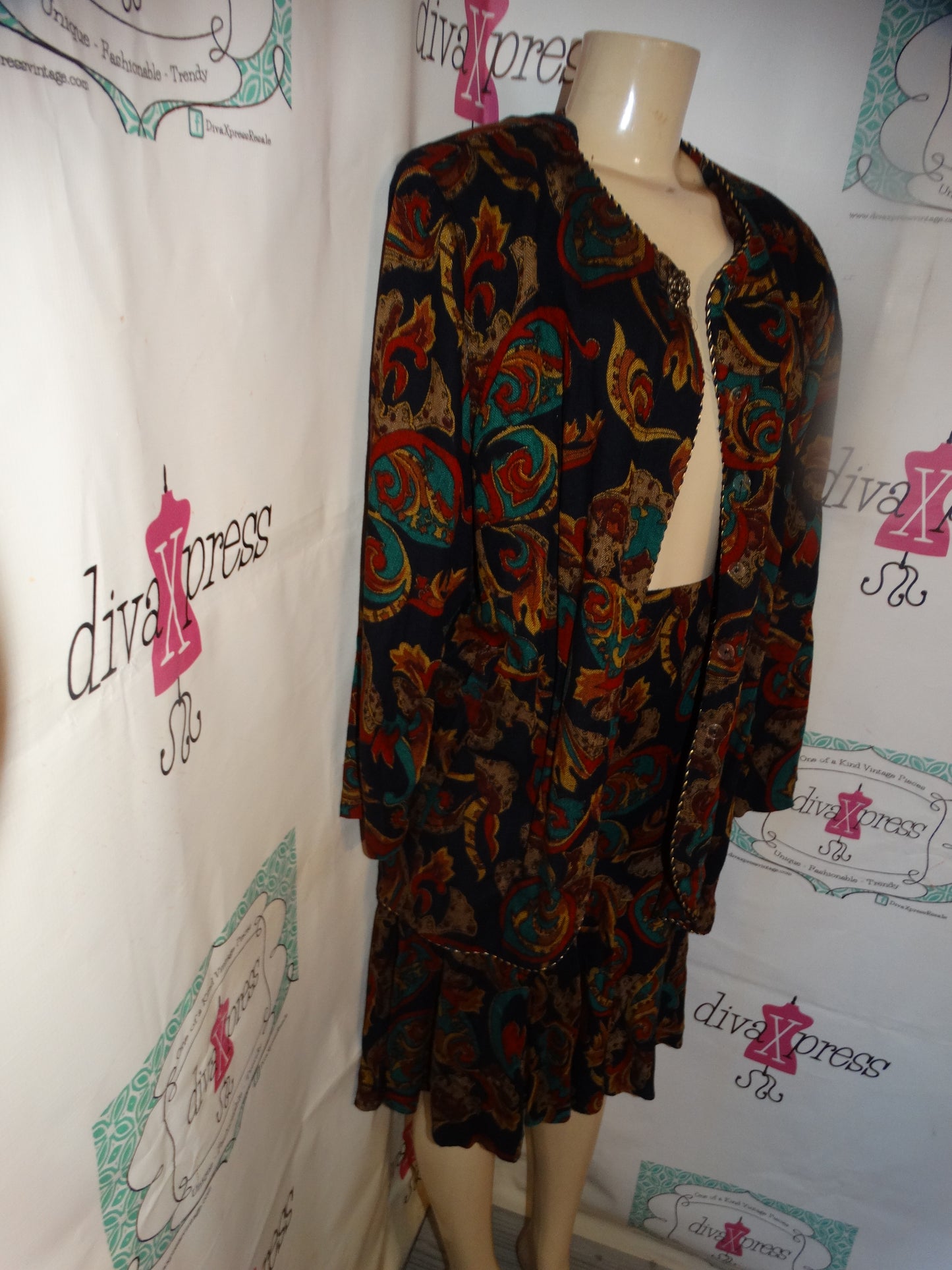 Vintage Jessica Howard Black Red Chain Print 2 Piece Skirt Set Size 2x