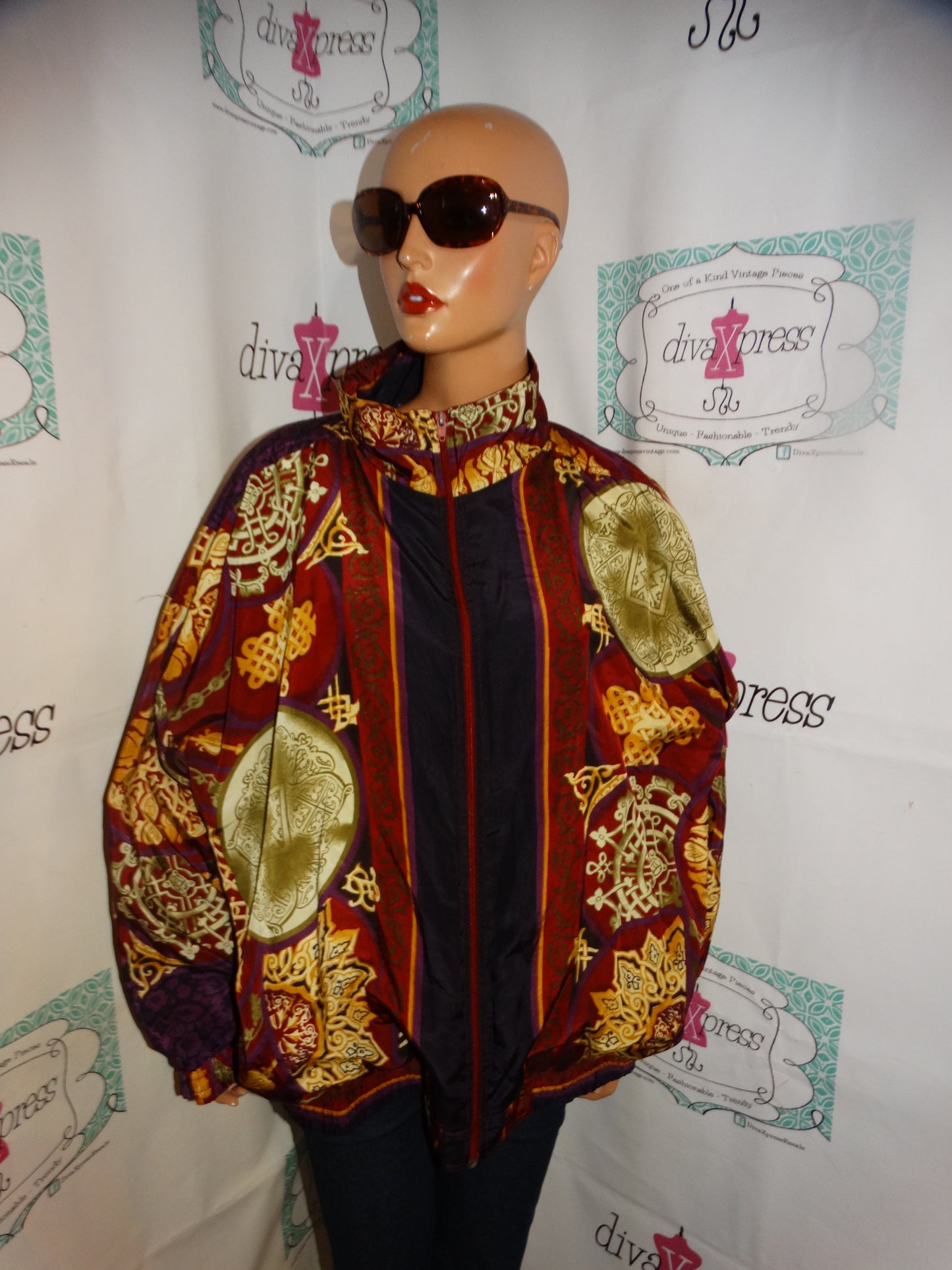 Vintage KAktus Burgundy Chain Design Bomber Jacket Size 2x