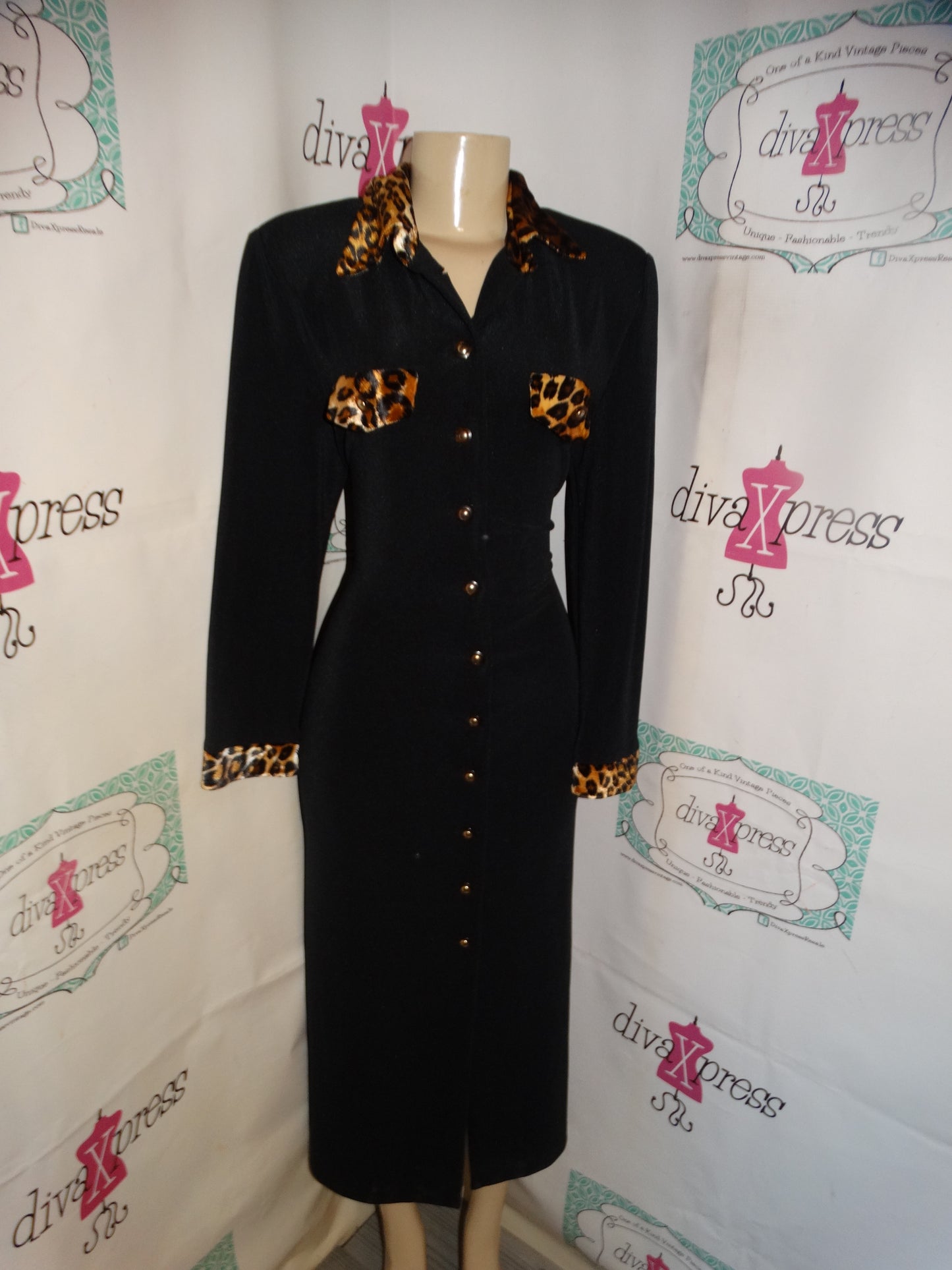 Vintage Jessica Howard Black Leopard Dress Size L