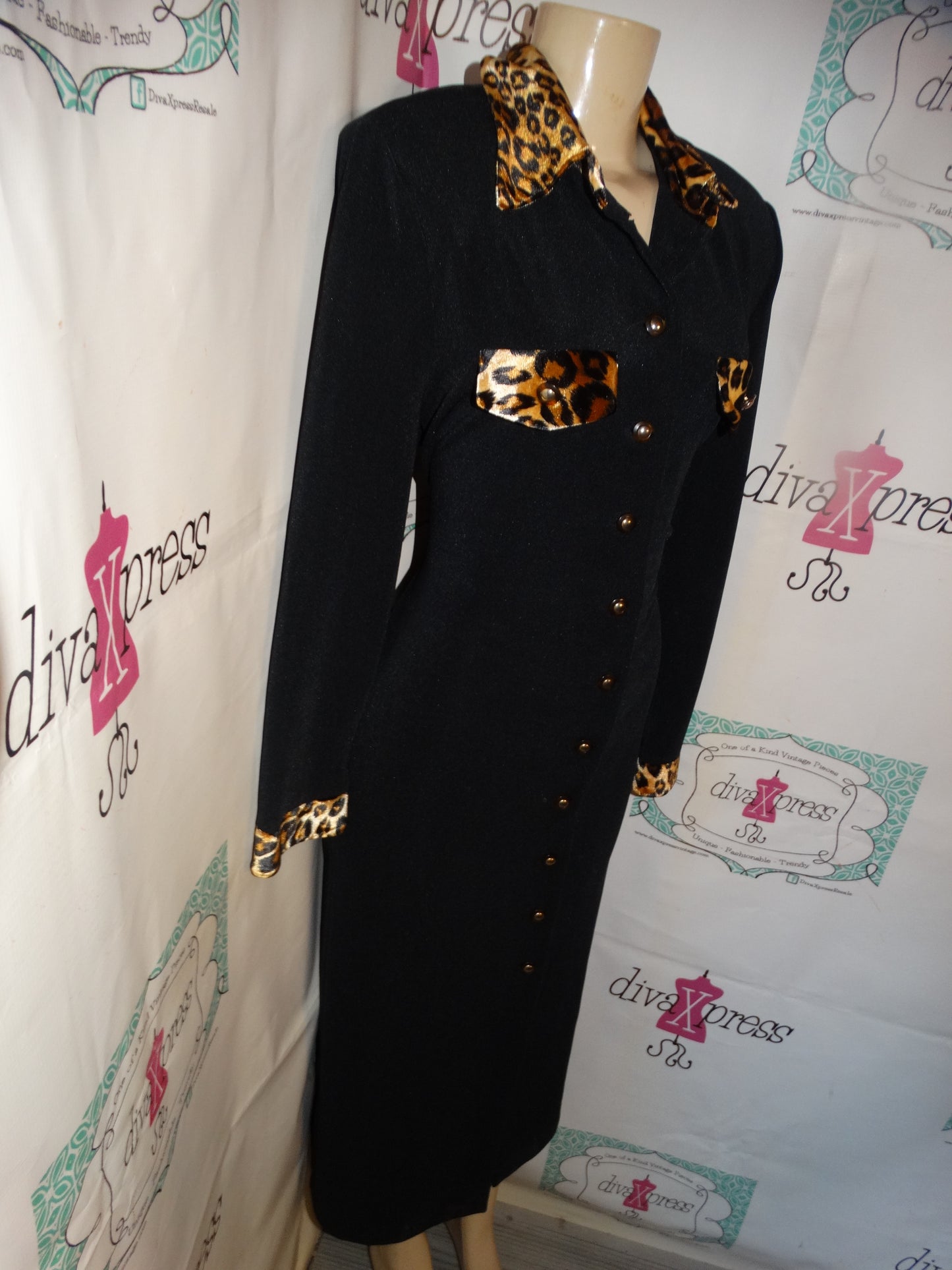 Vintage Jessica Howard Black Leopard Dress Size L