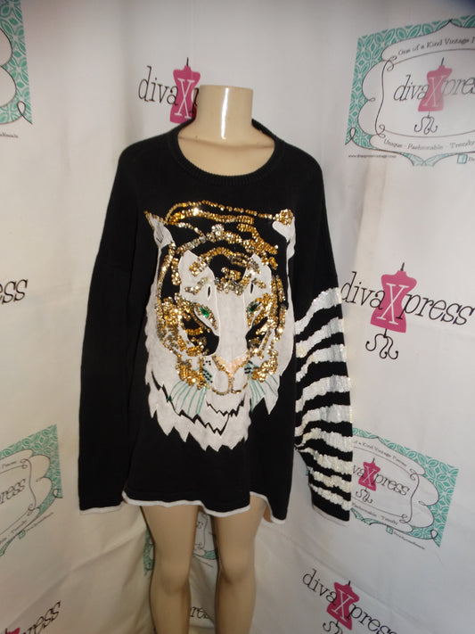 Vintage Sandy Jo Black Tiger White Sequins Sweater Size 3x