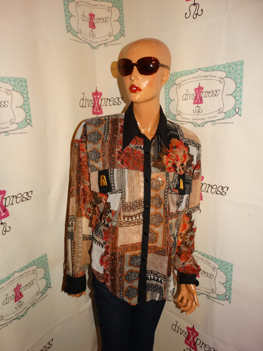 Vintage LAX Cream Floral Sheer Black/Gold Button Blouse Size XL