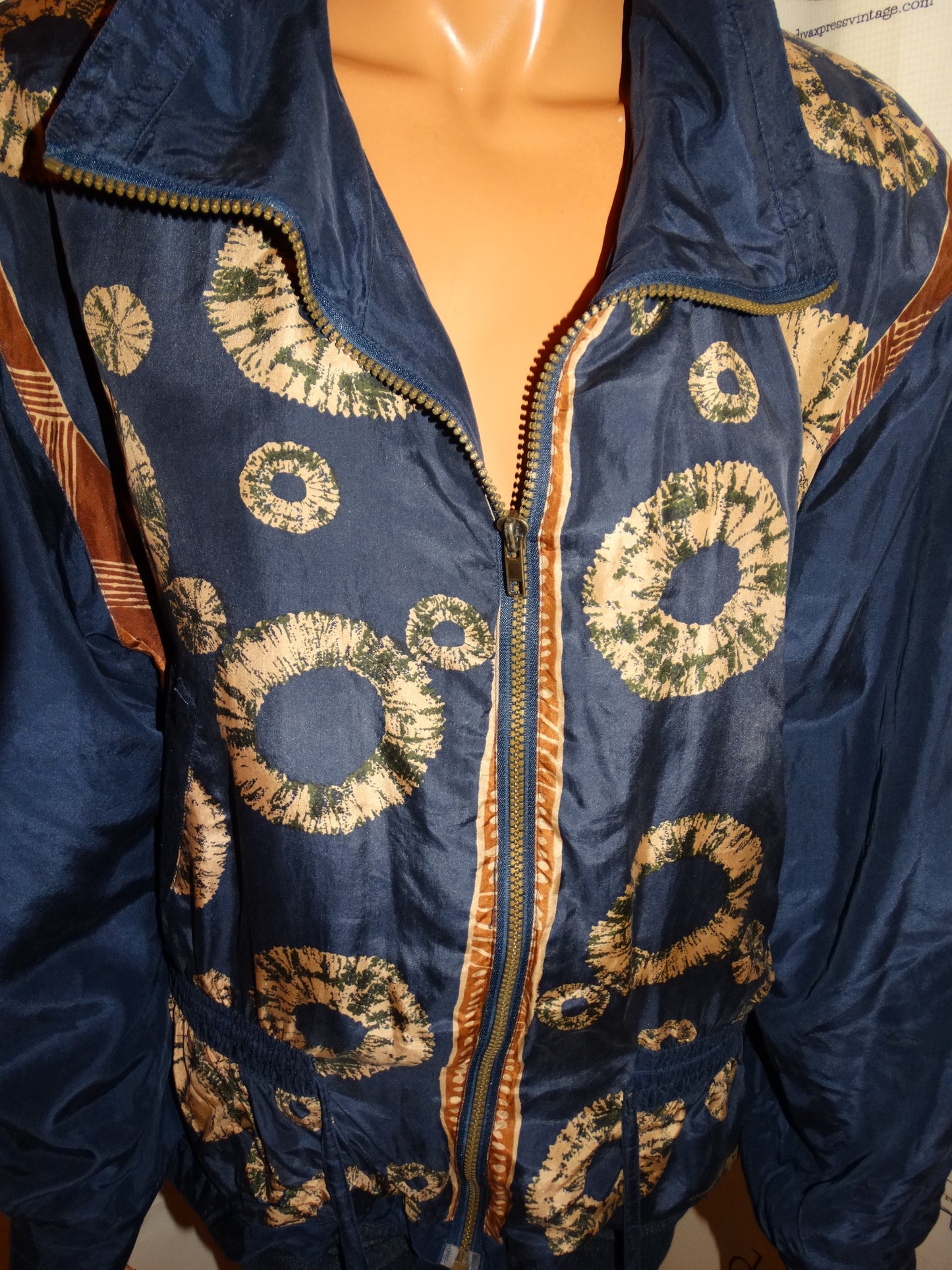 Vintage Studio Ray Blue/Tan Silk Bomber Jacket Size L