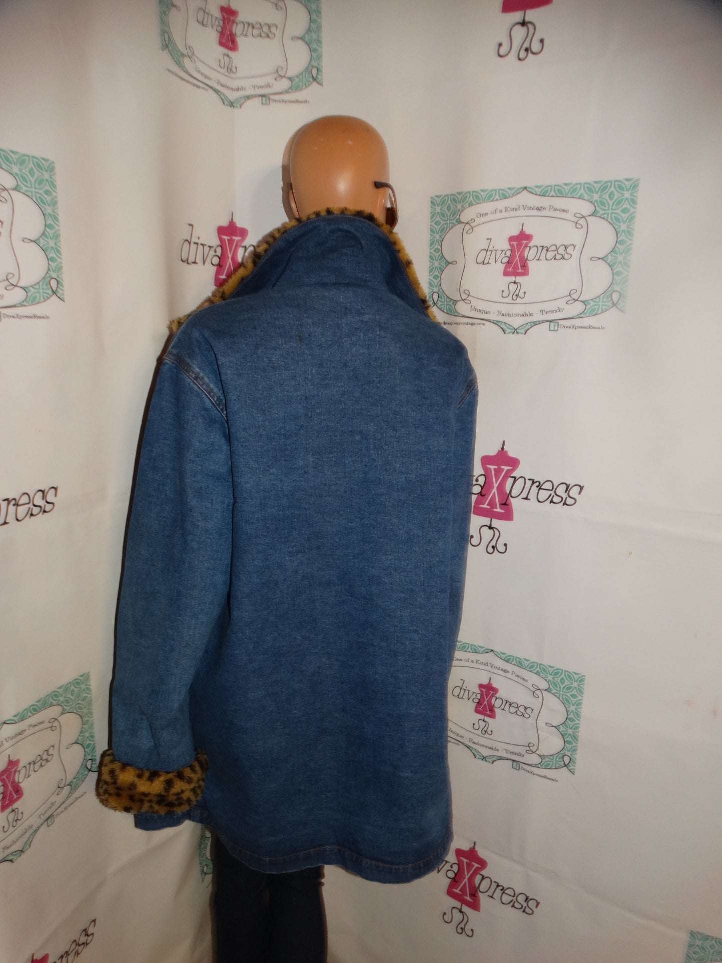 Vintage LEw Magram Blue JEan LEopard FAux Fur Lined  Coat Size 1x