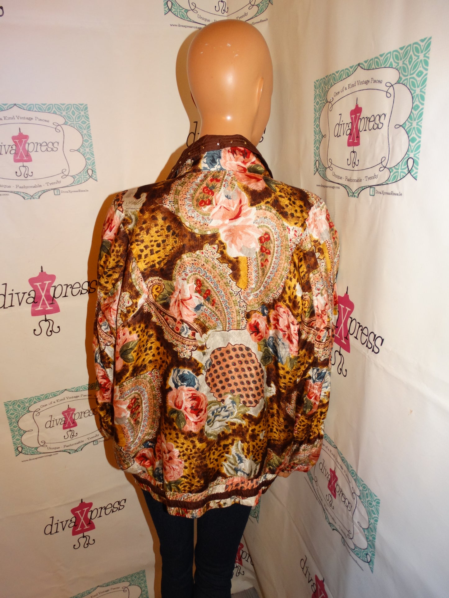 Vintage Mureli Brown Pink floral Bomber Jacket Size L