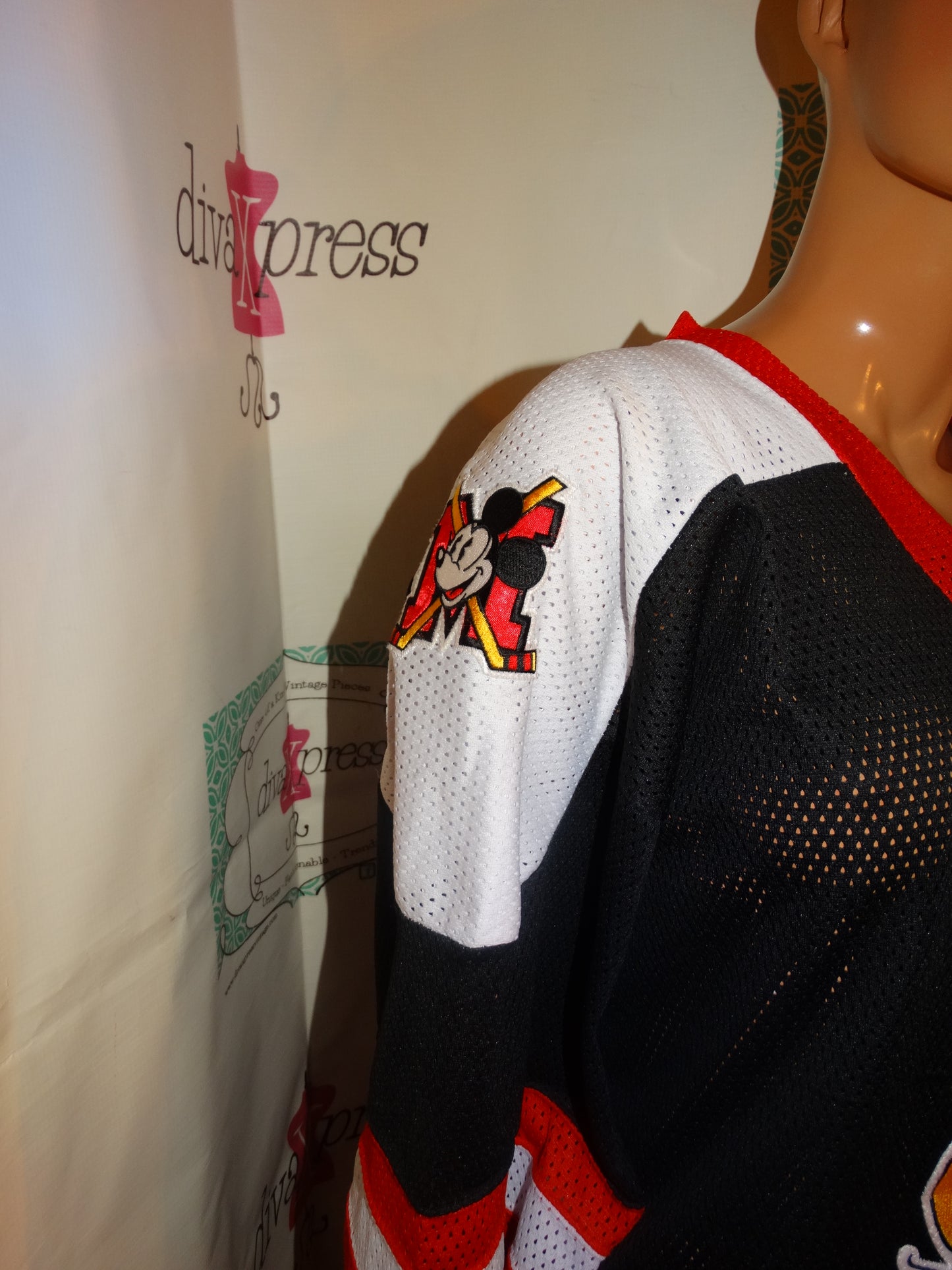 Vintage Genus Mickey Mouse Black/White Red Hockey Jersey Size XL