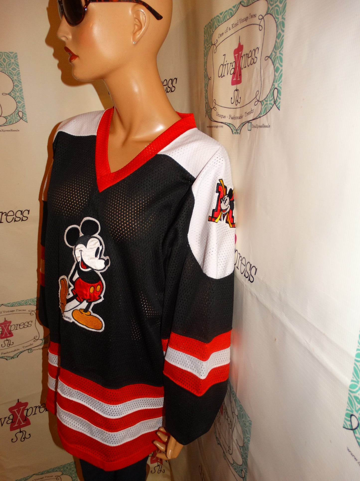Vintage Genus Mickey Mouse Black/White Red Hockey Jersey Size XL