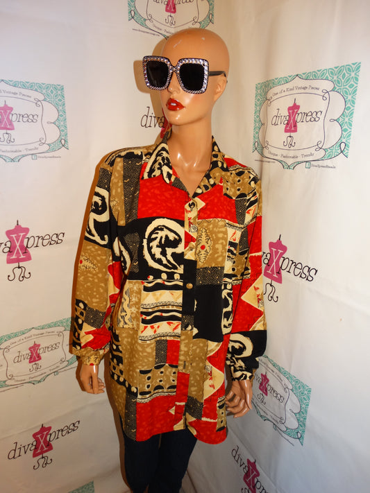 Vintage Tropics Black/Tan  Colorful Blouse Size L