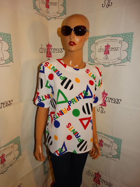 Vintage Marlis White Colorful Print Blouse Size M