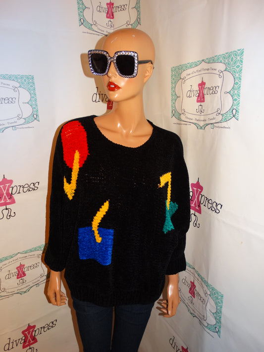 Vintage Jenny Lake Black Colorful Sweater Size XL
