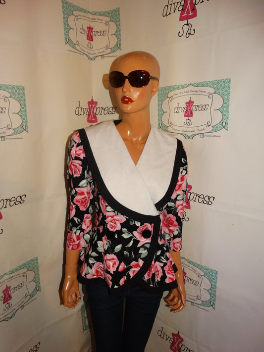 Vintage Roberty Daniel Black Floral Peplum  Blouse Size M