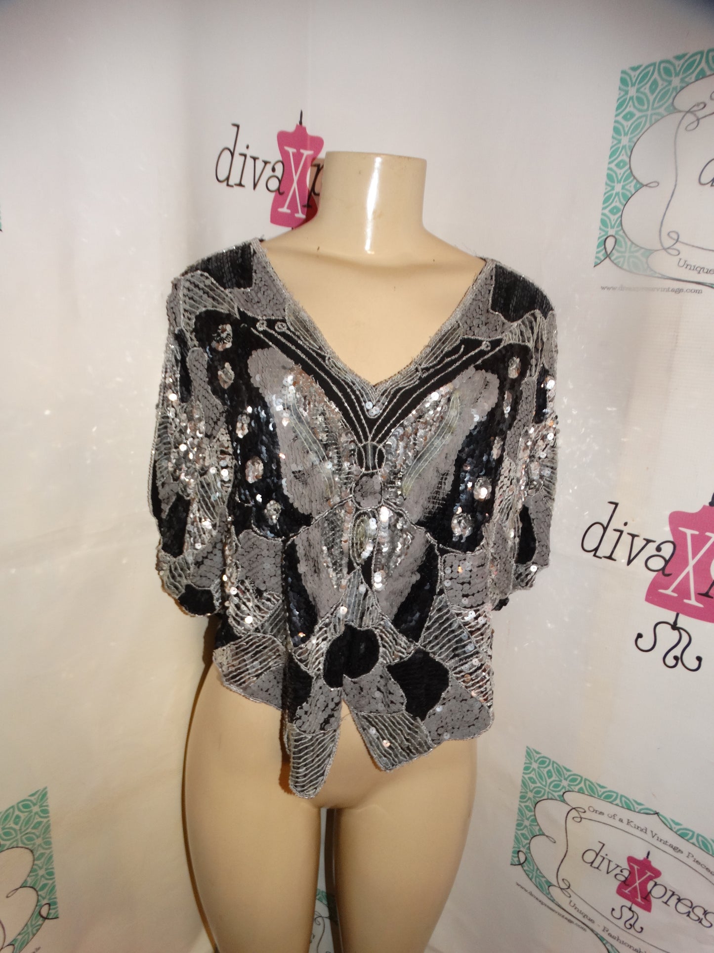 Vintage Stargroup Black Silver Sequins Butterfly Top Size M