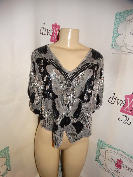 Vintage Stargroup Black Silver Sequins Butterfly Top Size M