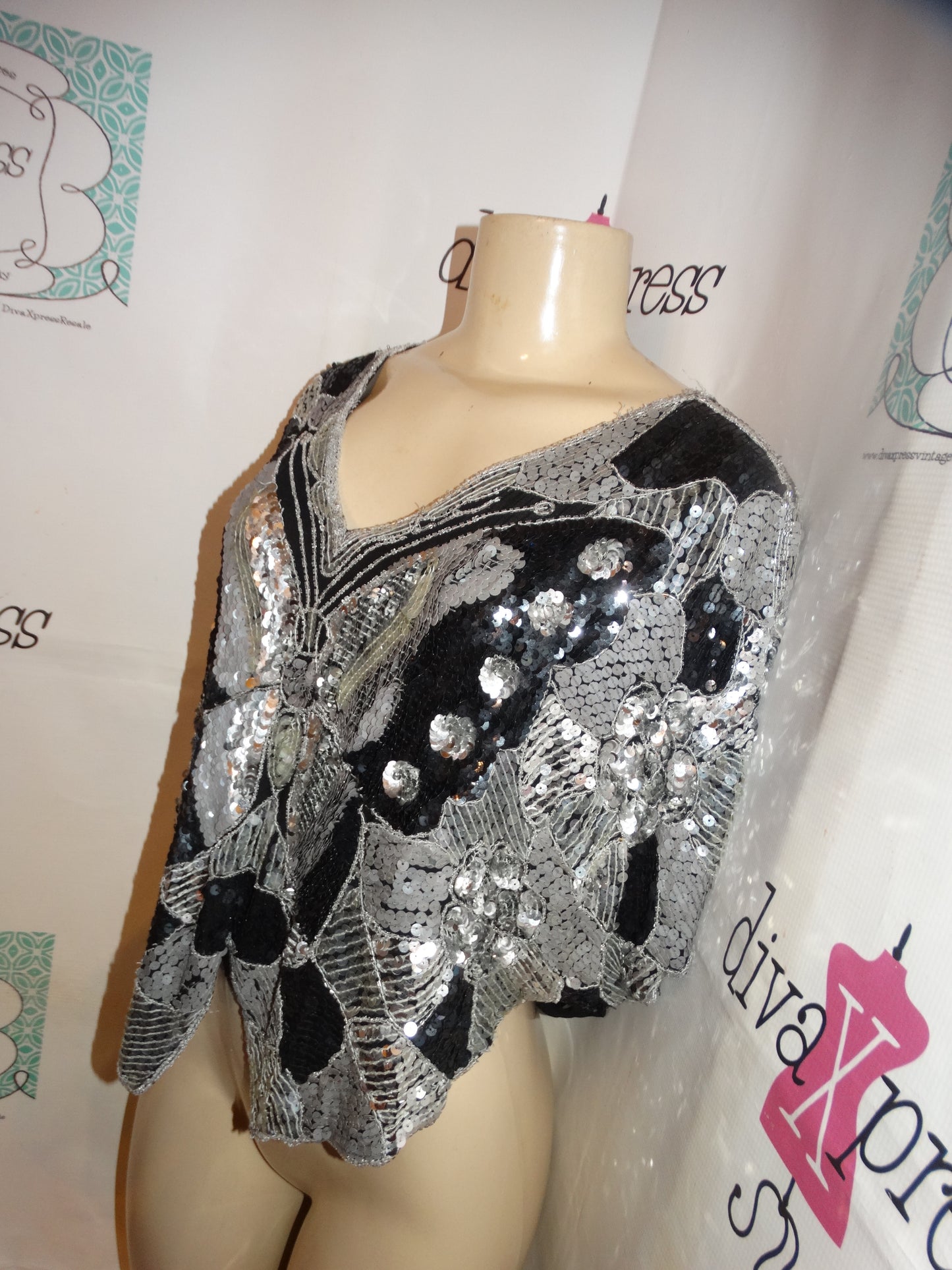 Vintage Stargroup Black Silver Sequins Butterfly Top Size M