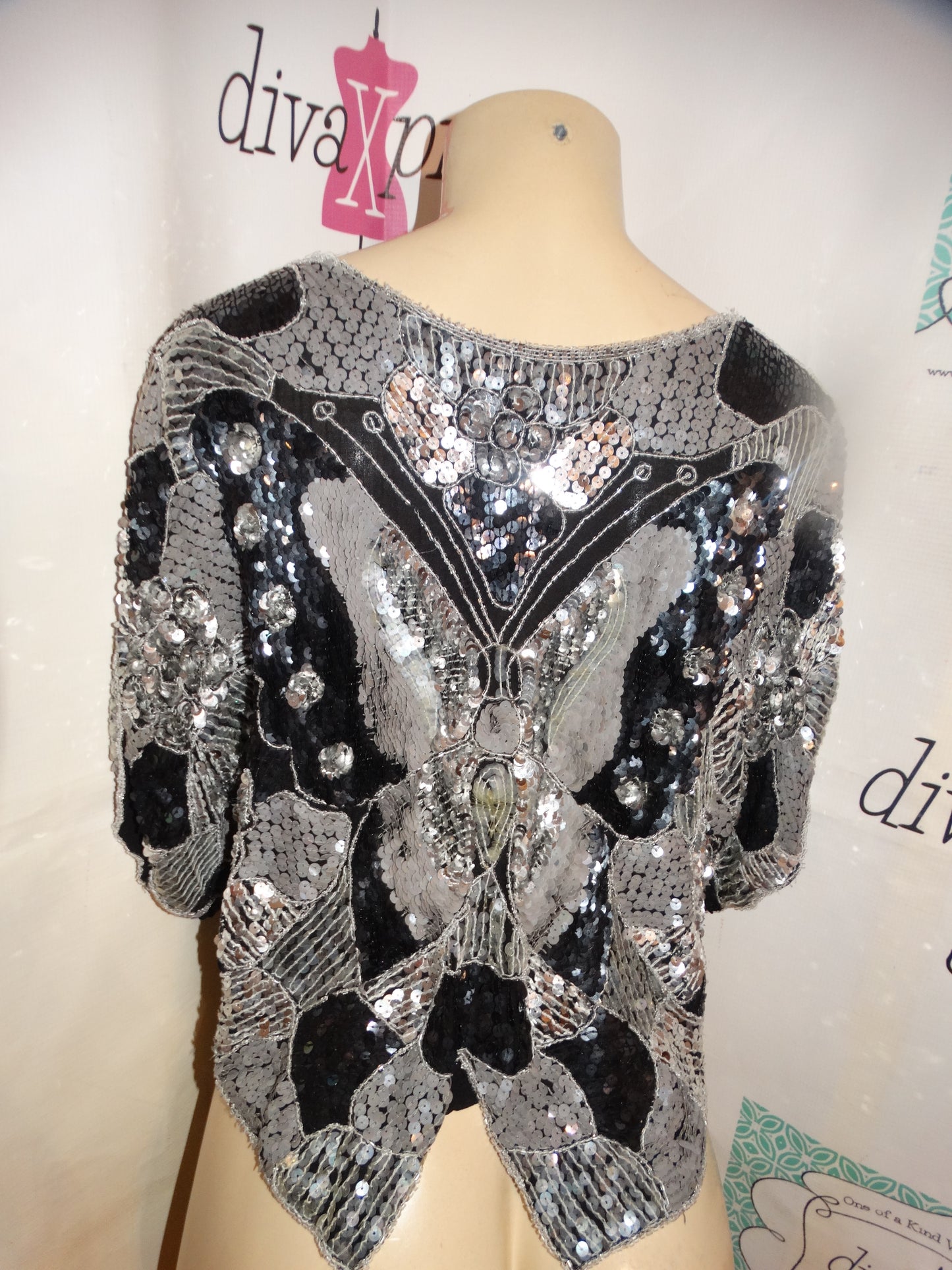 Vintage Stargroup Black Silver Sequins Butterfly Top Size M