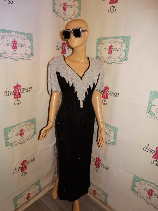 Vintage Lawrence Kazar White/Black Sequins Dress Size S