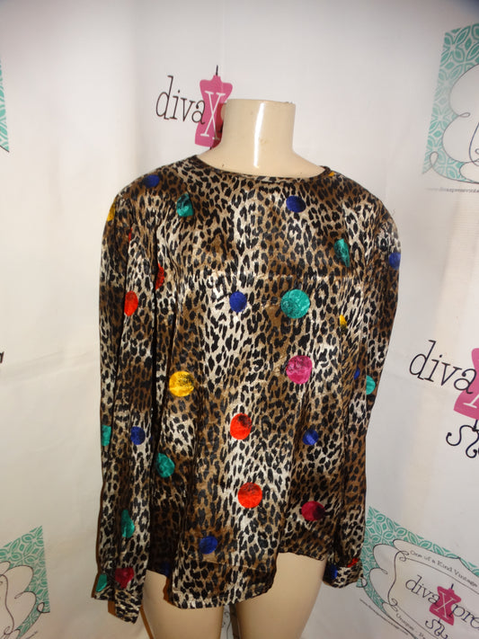 Vintage Nicola Black Leopard Colorful Blouse Size L