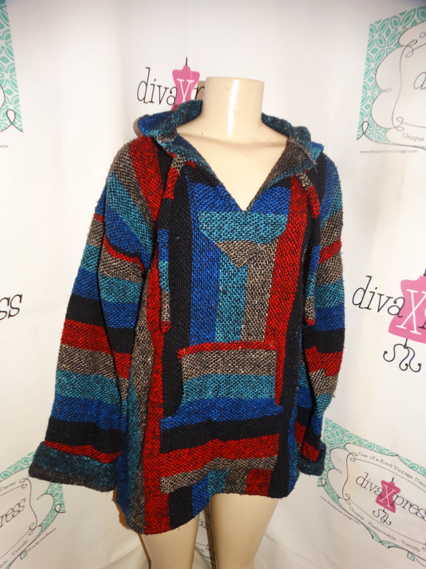 Vintage Red/Blue/Black Hooded Top/Jacket Size L
