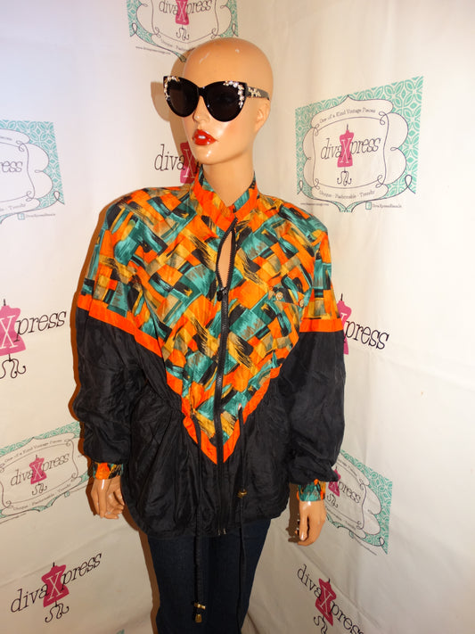 Vintage Rosa Black Colorful Orange Silk Bomber Jacket Size M