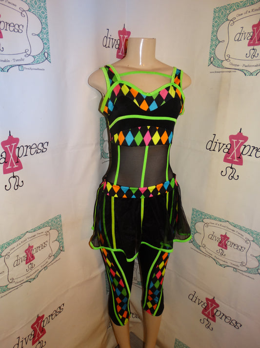Vintage Neon Colorful Black Body Suit Size S