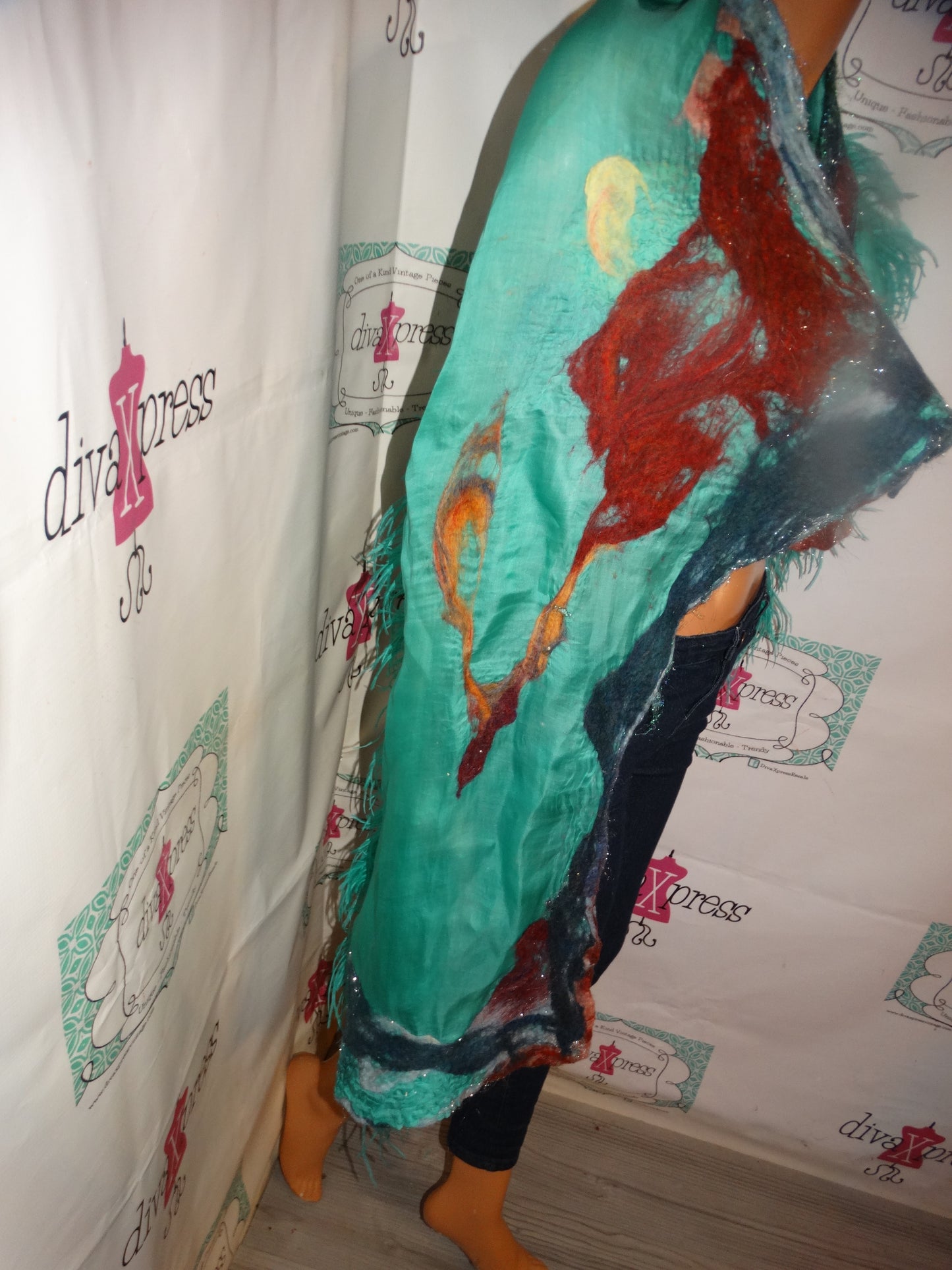 Vintage Teal Ruffle Burgundy Cream Throw with Feathers Size one Size Fits All