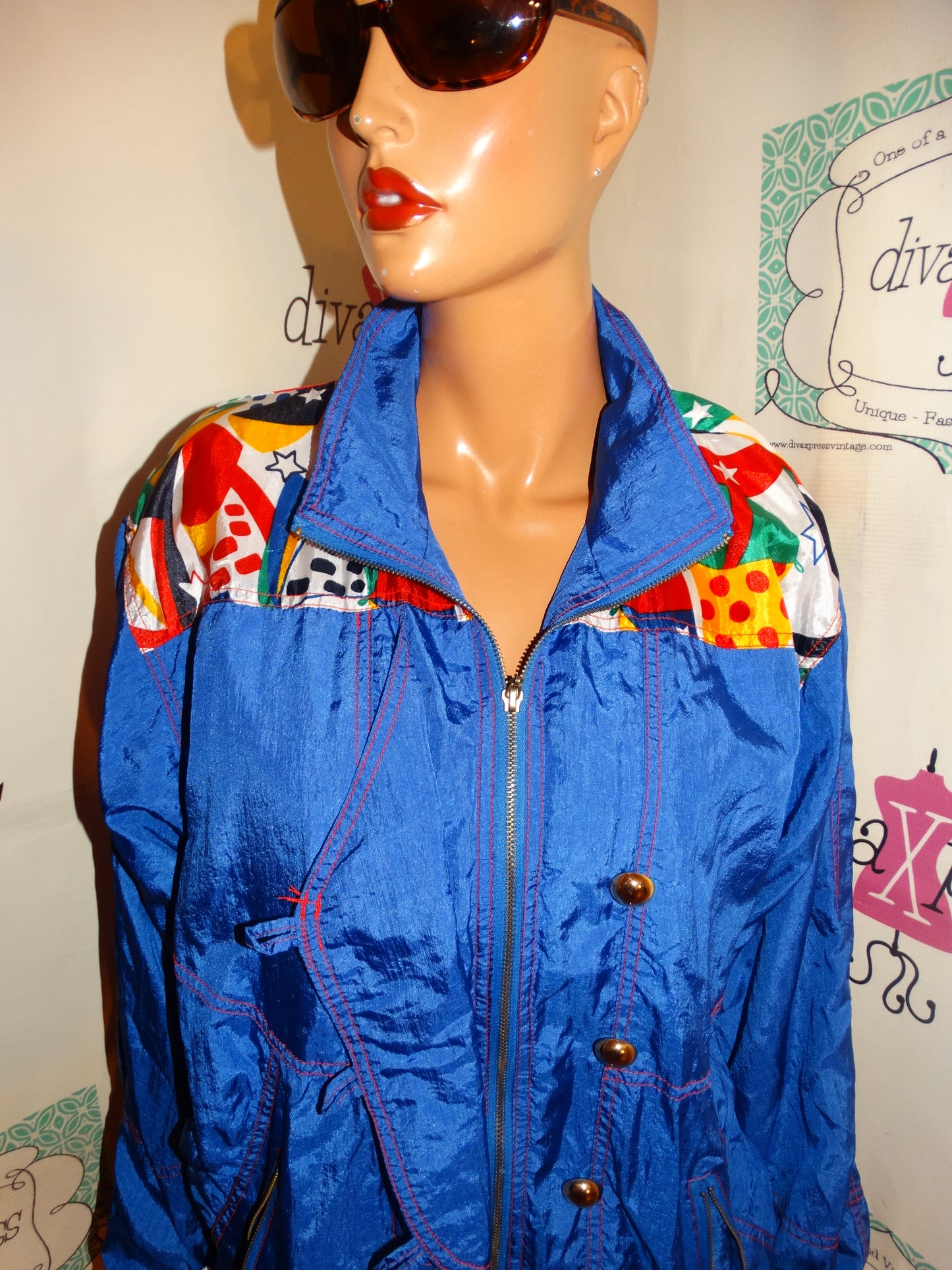 Vintage Lavon Blue Colorful Bomber Jacket Size M