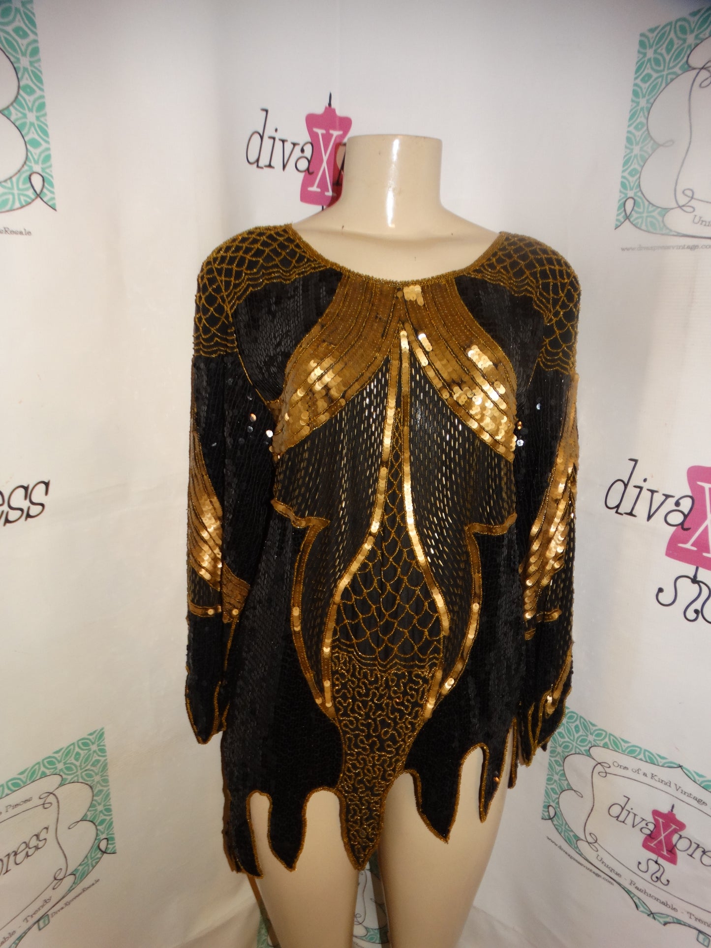 Vintage Oleg Cassini Black/Gold Sequins Top Size M