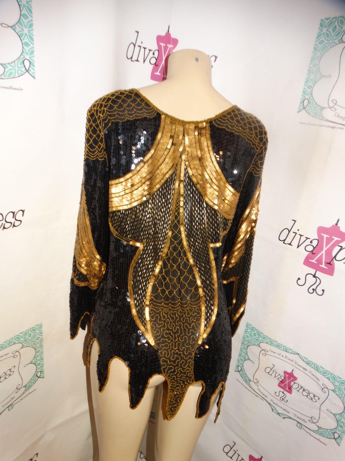 Vintage Oleg Cassini Black/Gold Sequins Top Size M