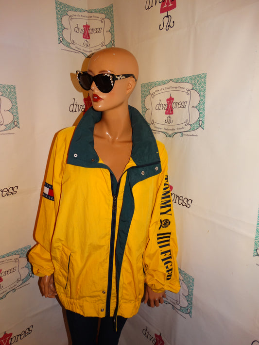 Vintage Tommy Hilfiger Yellow Bomber Jacket With Removable Hood Size XL