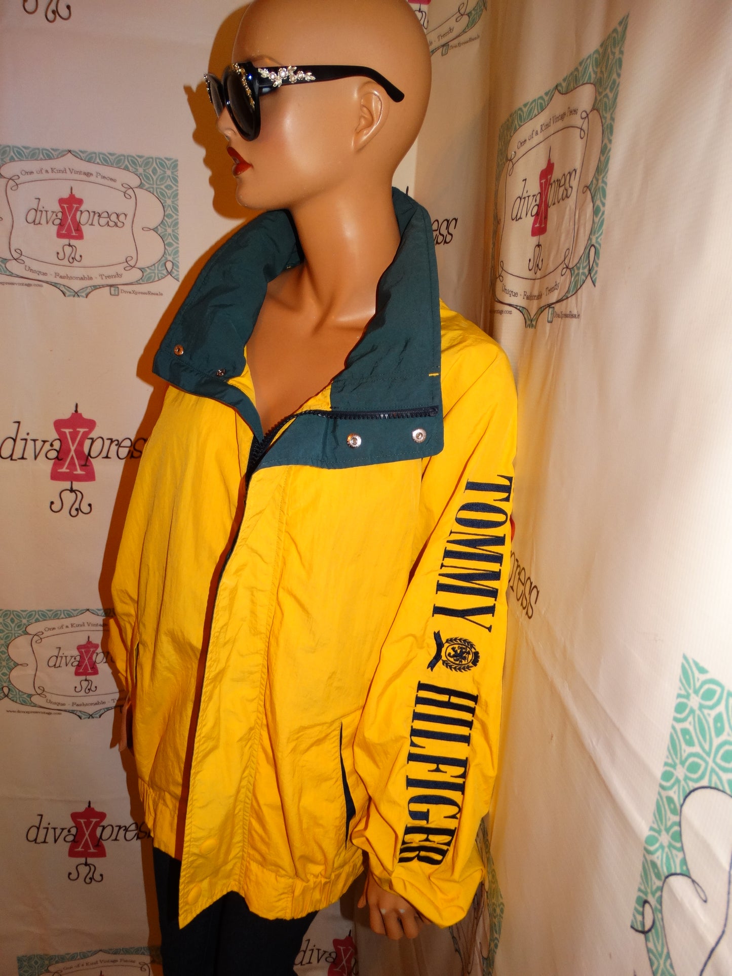 Vintage Tommy Hilfiger Yellow Bomber Jacket With Removable Hood Size XL