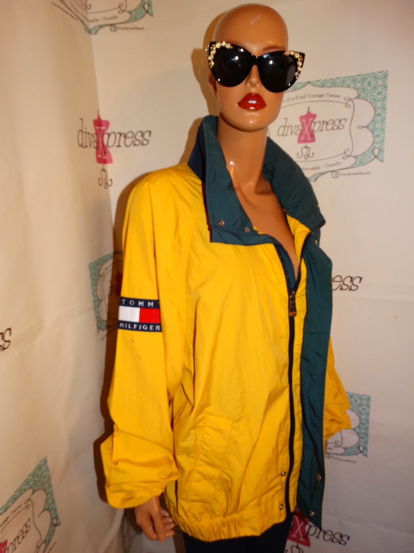 Vintage Tommy Hilfiger Yellow Bomber Jacket With Removable Hood Size XL