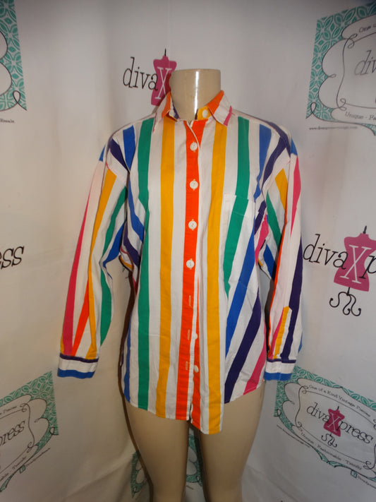 Vintage Trend Basics White Colorful Stripe Top Size M