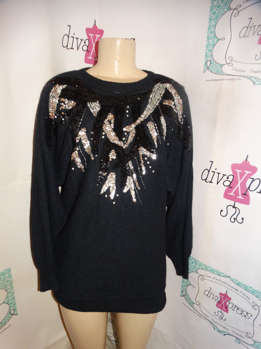 Vintage Leslie Knits Black Sequins Sweater Size L
