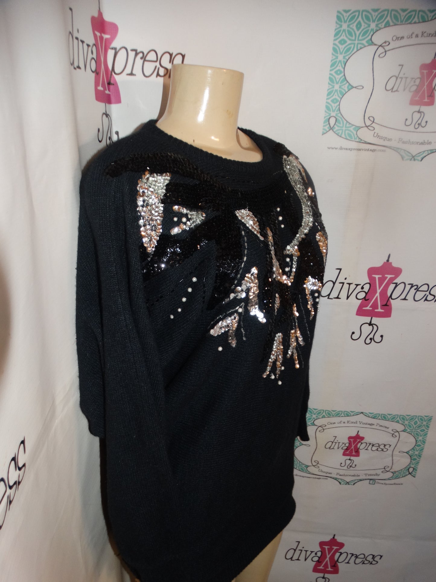 Vintage Leslie Knits Black Sequins Sweater Size L