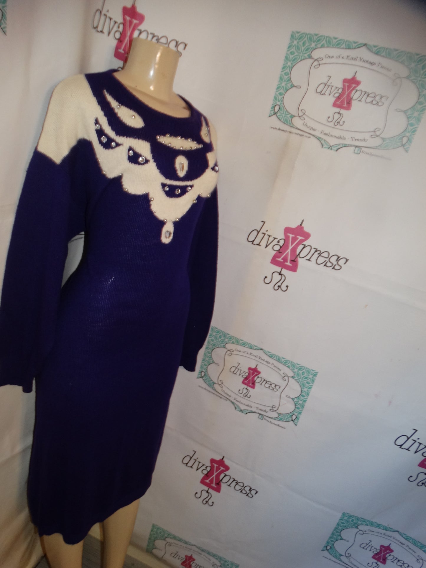 Vintage LArisng Purple/White Sweater Dress size 2x