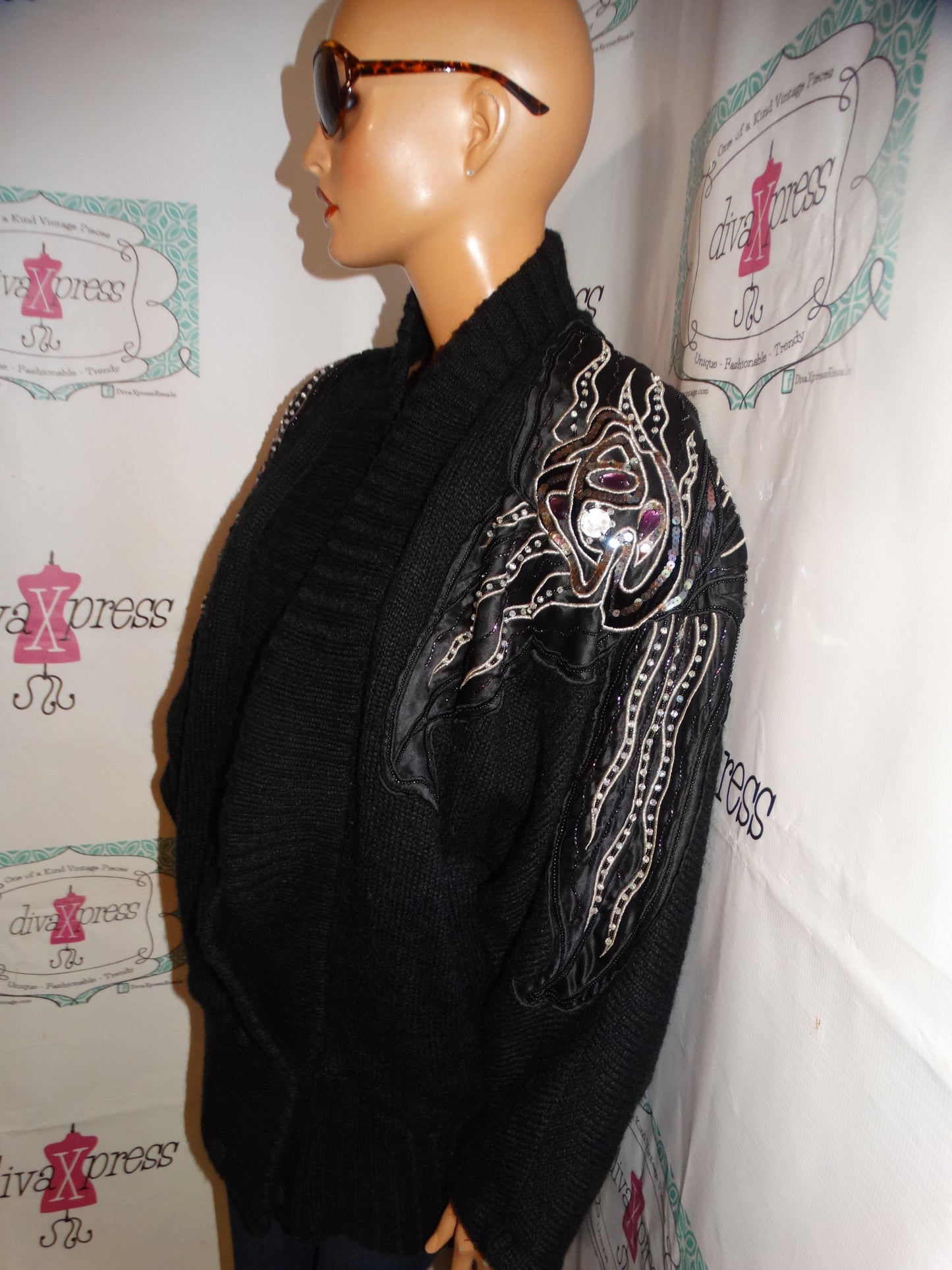 Vintage Joseph Ho Black Wool HEavey Shoulder Beaded Sweater Size 1x