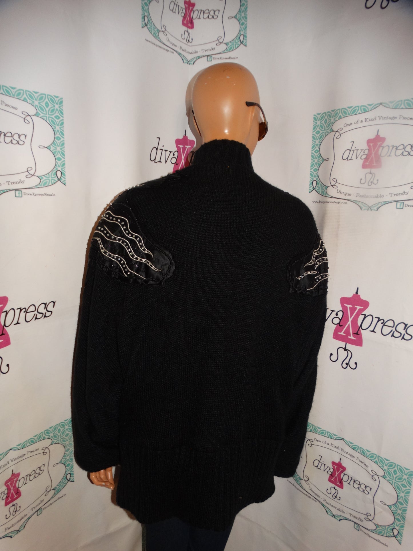 Vintage Joseph Ho Black Wool HEavey Shoulder Beaded Sweater Size 1x