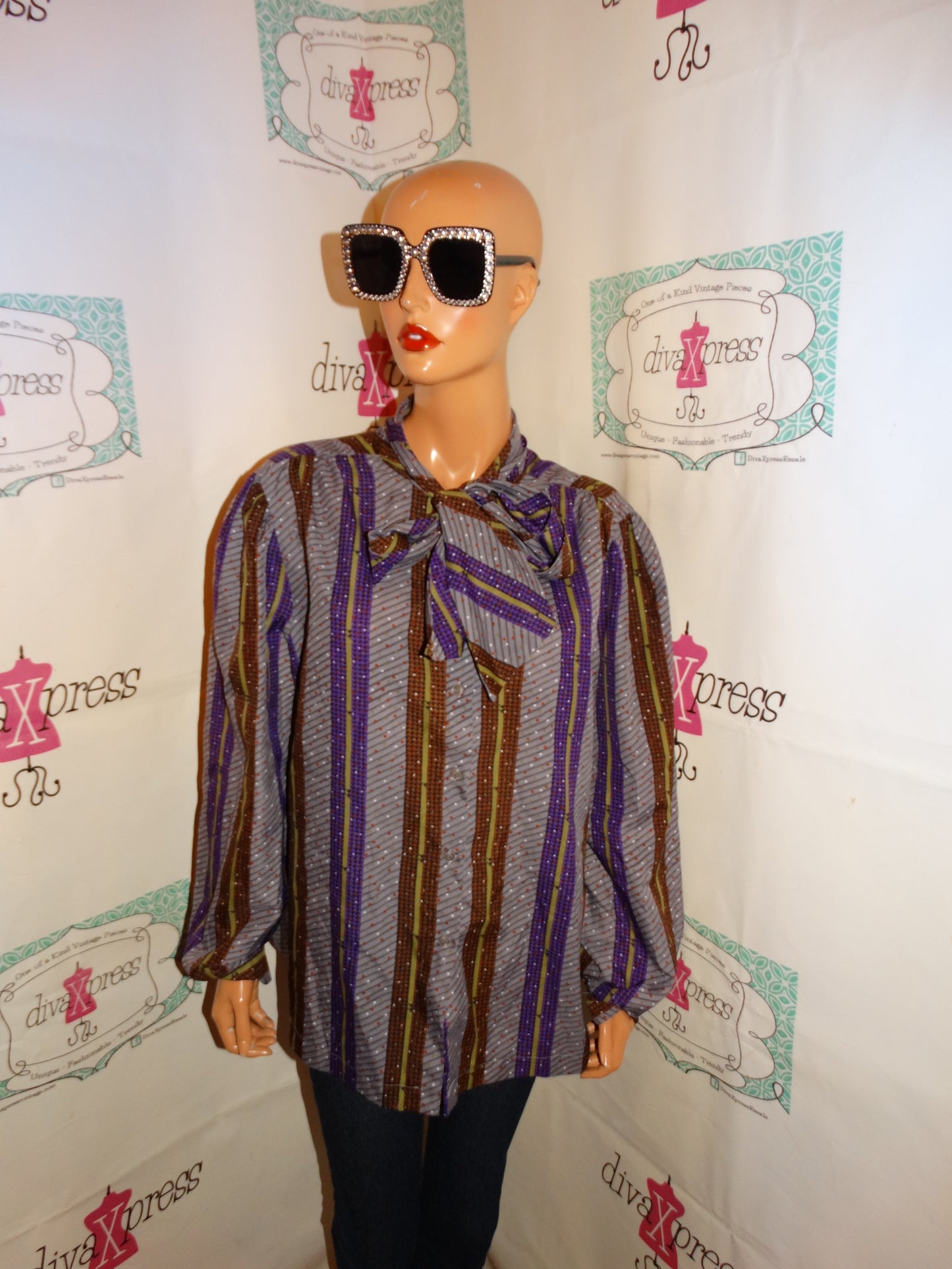 Vintage Rhonda Lee Gray/Purple Tie Bow Blouse Size 1x
