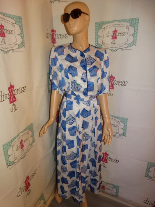 Vintage White/Blue Colorful 2 Piece Skirt Set Size L
