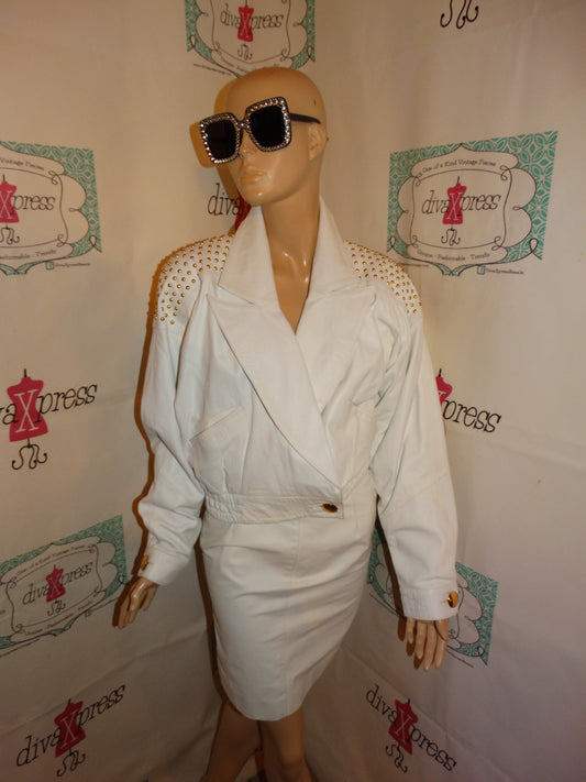 Vintage Lillie Rubin White Leather Gold Beaded 2 Piece Skirt Set Size S