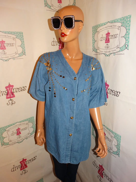 Vintage Super Line Blue Jean Beaded Top Size 1x