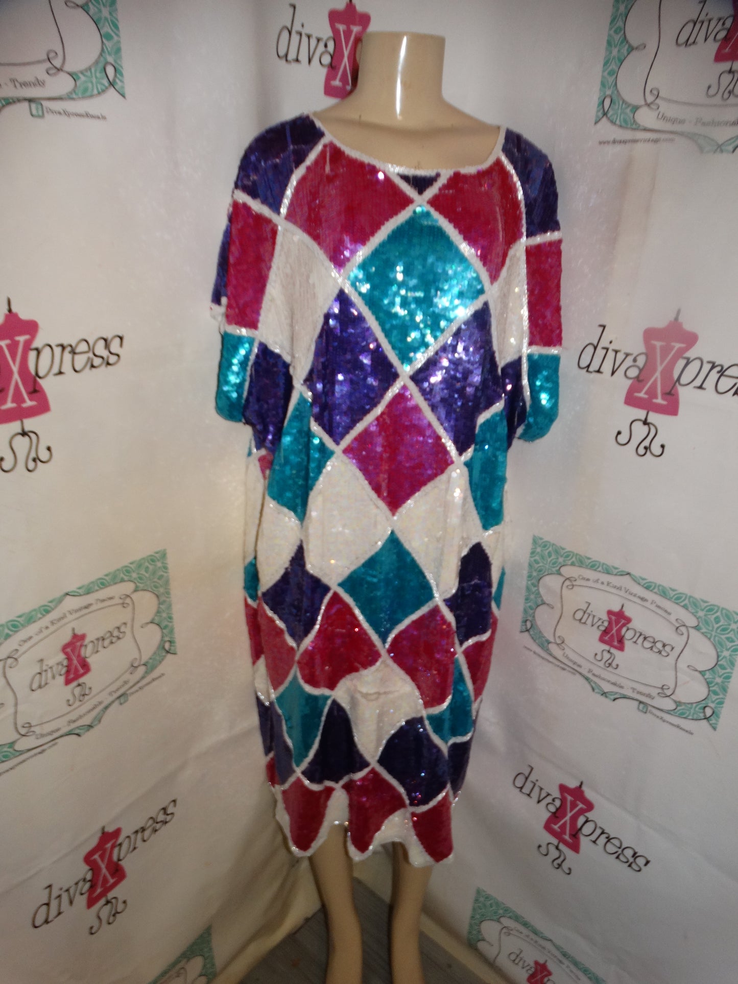 Vintage Stenay Pink/White Blue Sequins Dress Size 1x