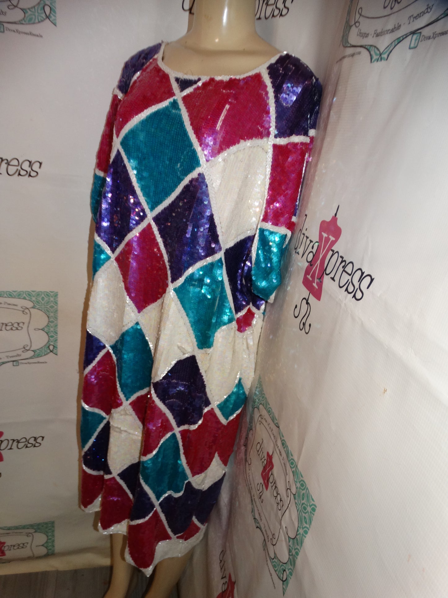 Vintage Stenay Pink/White Blue Sequins Dress Size 1x