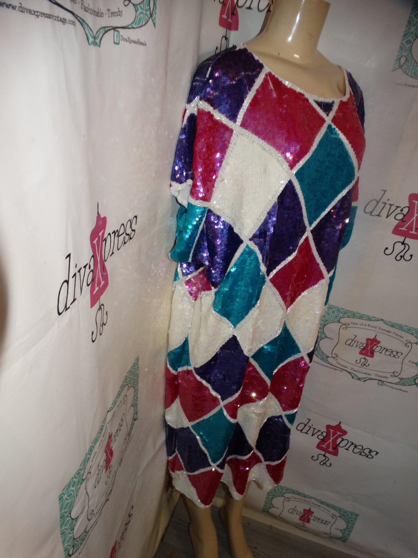 Vintage Stenay Pink/White Blue Sequins Dress Size 1x