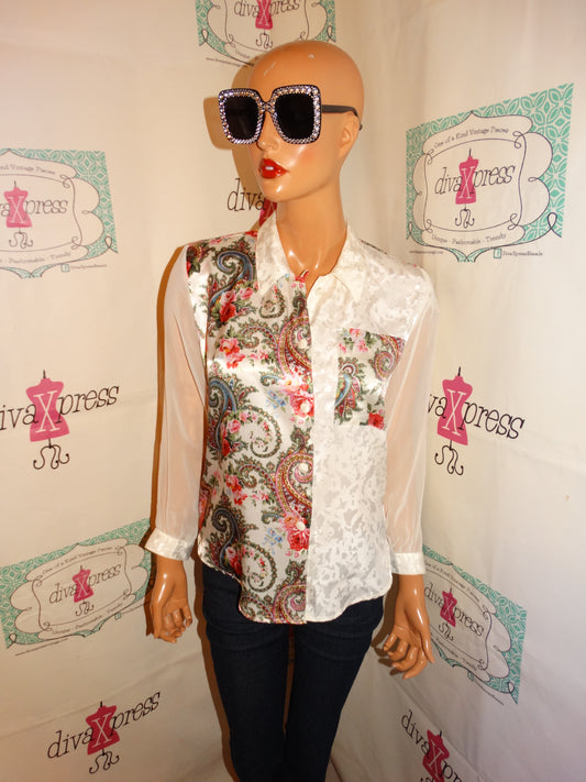 Vintage Petite Impressions Cream Floral Sheer Sleeve Blouse Size S