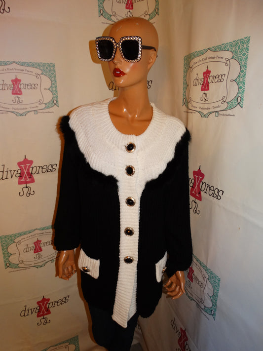 Vintage Modelia Black/White Rabbit Fur Button Up Sweater Size 1x