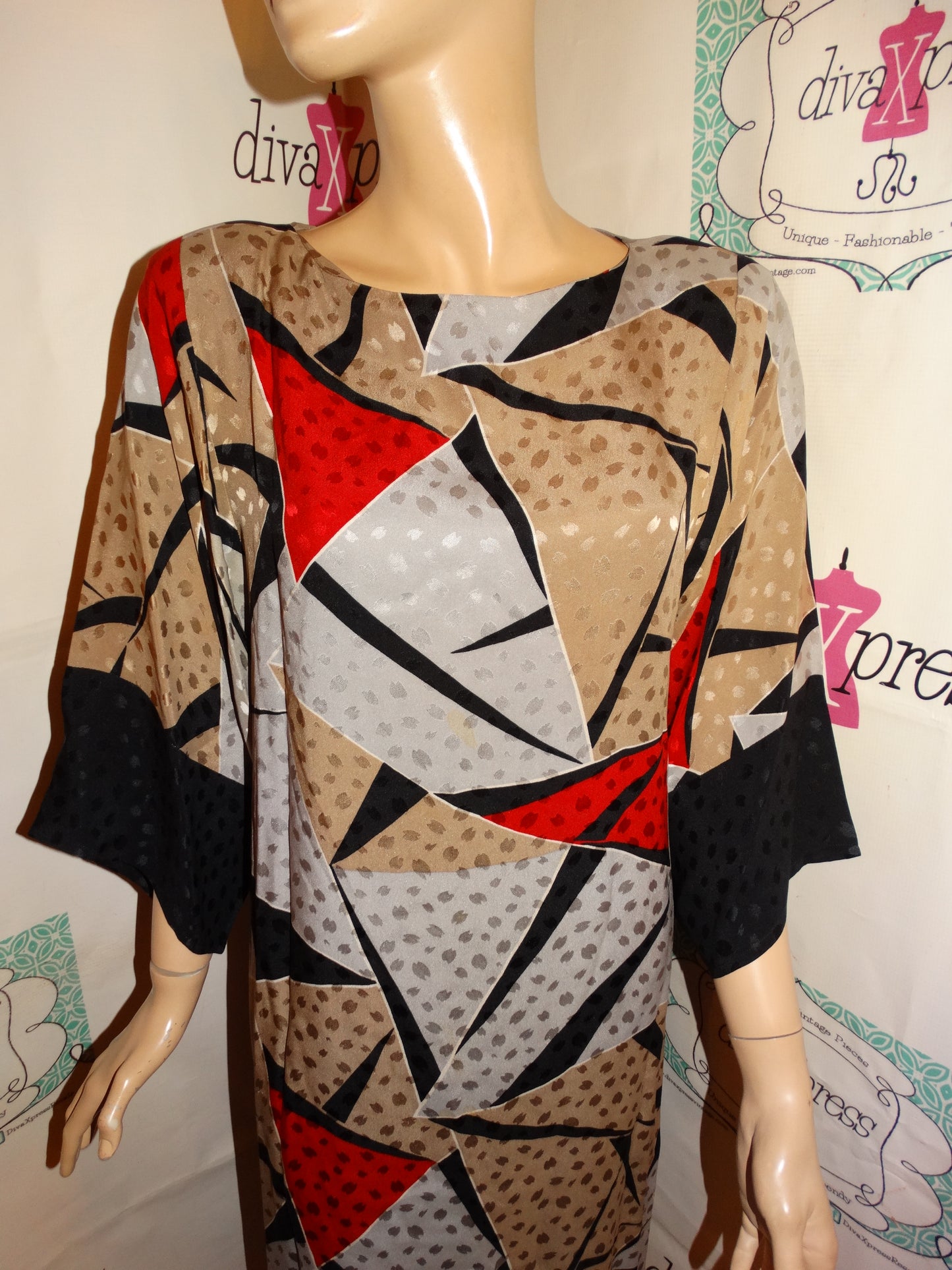 Vintage Silk Studio Tan/Red/Black Dress Size M