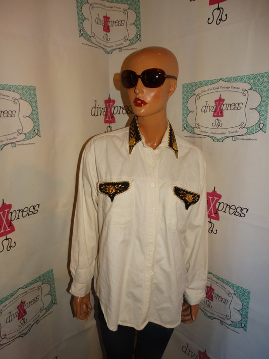 Vintage LOOK NYE Cream Beaded Collar Top Size L