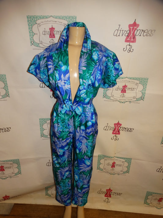 Vintage Joann Walters Green Floral Jumpsuit Size L