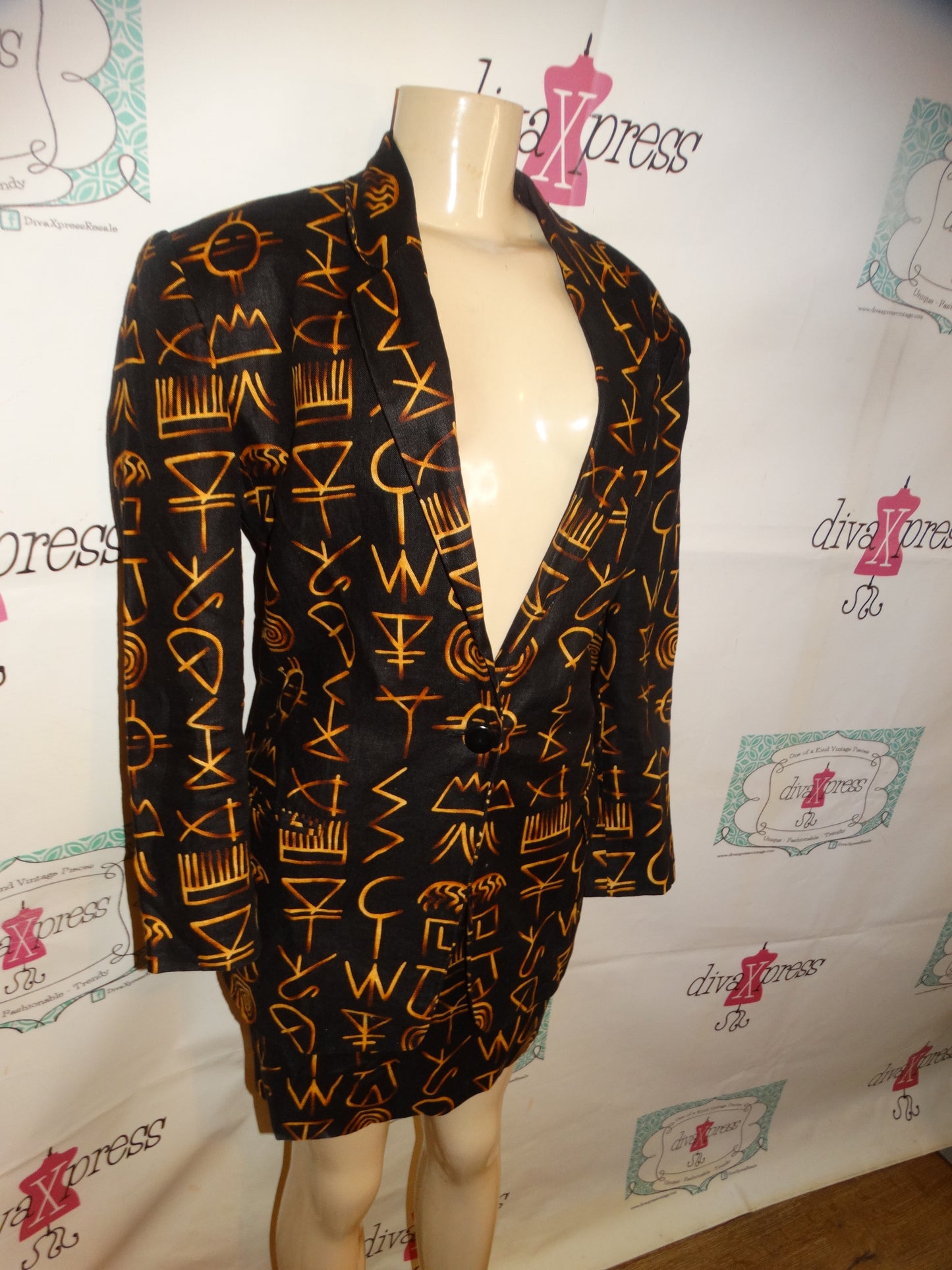 Vintage Ellen Tracy Black Aztec 2 Piece Skirt Set/Dress Size M